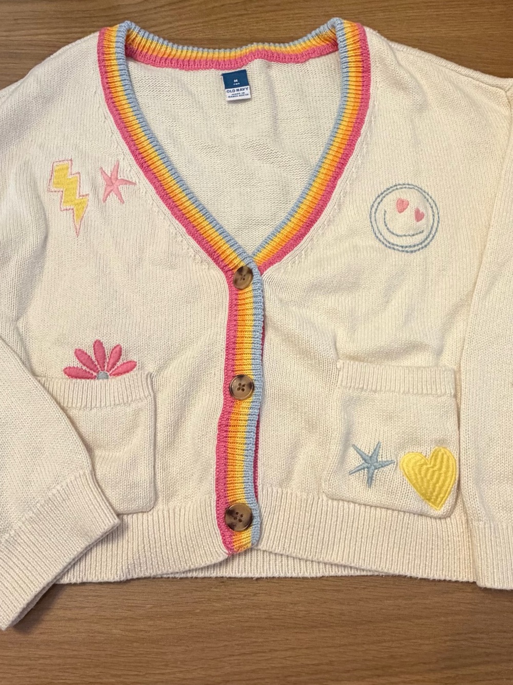 3 for $18 Old Navy Cream V-Neck Cardigan with Rainbow Trim
